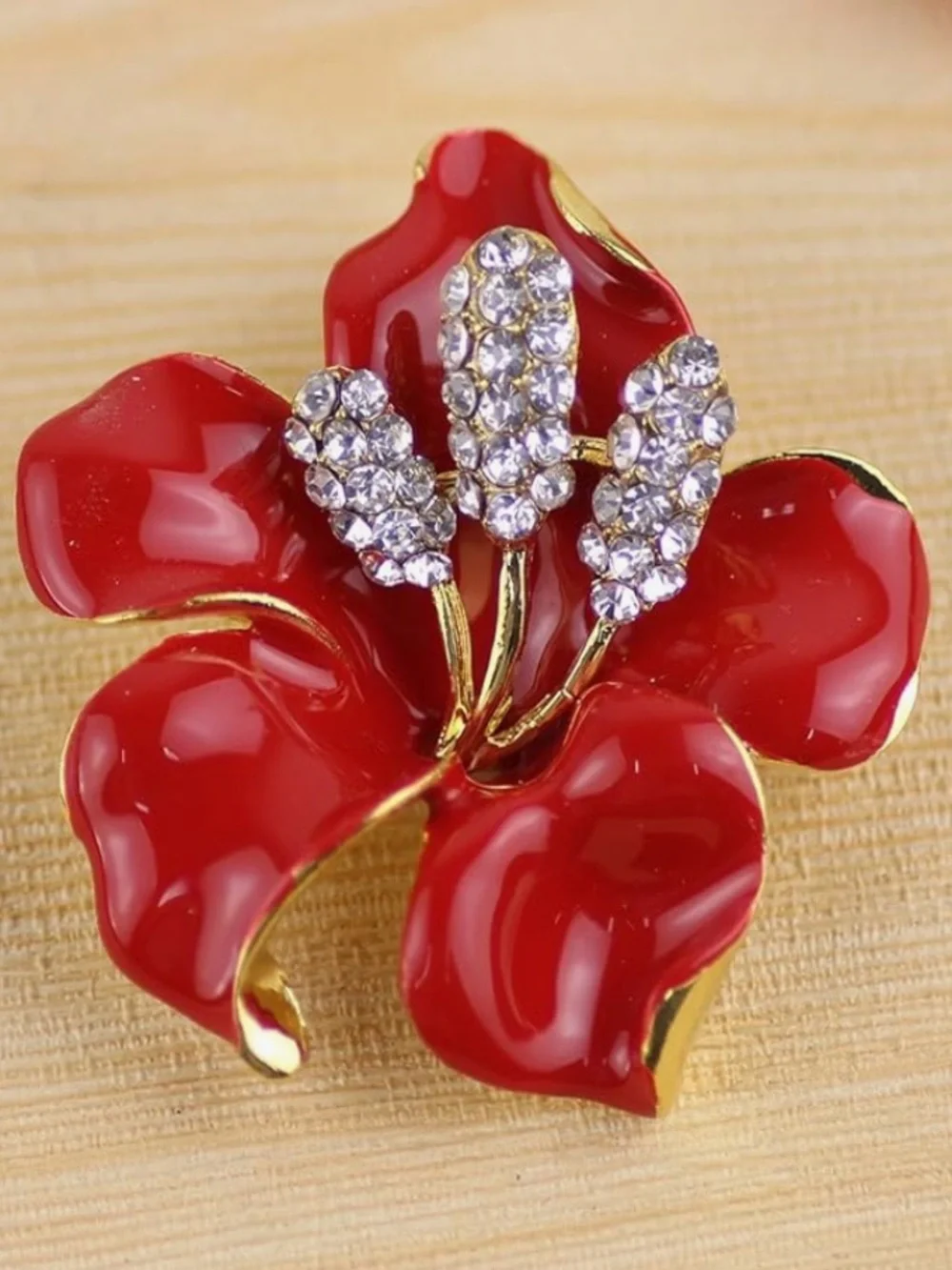 Anthropologie Red Enamel Floral Brooch with Crystal Accents